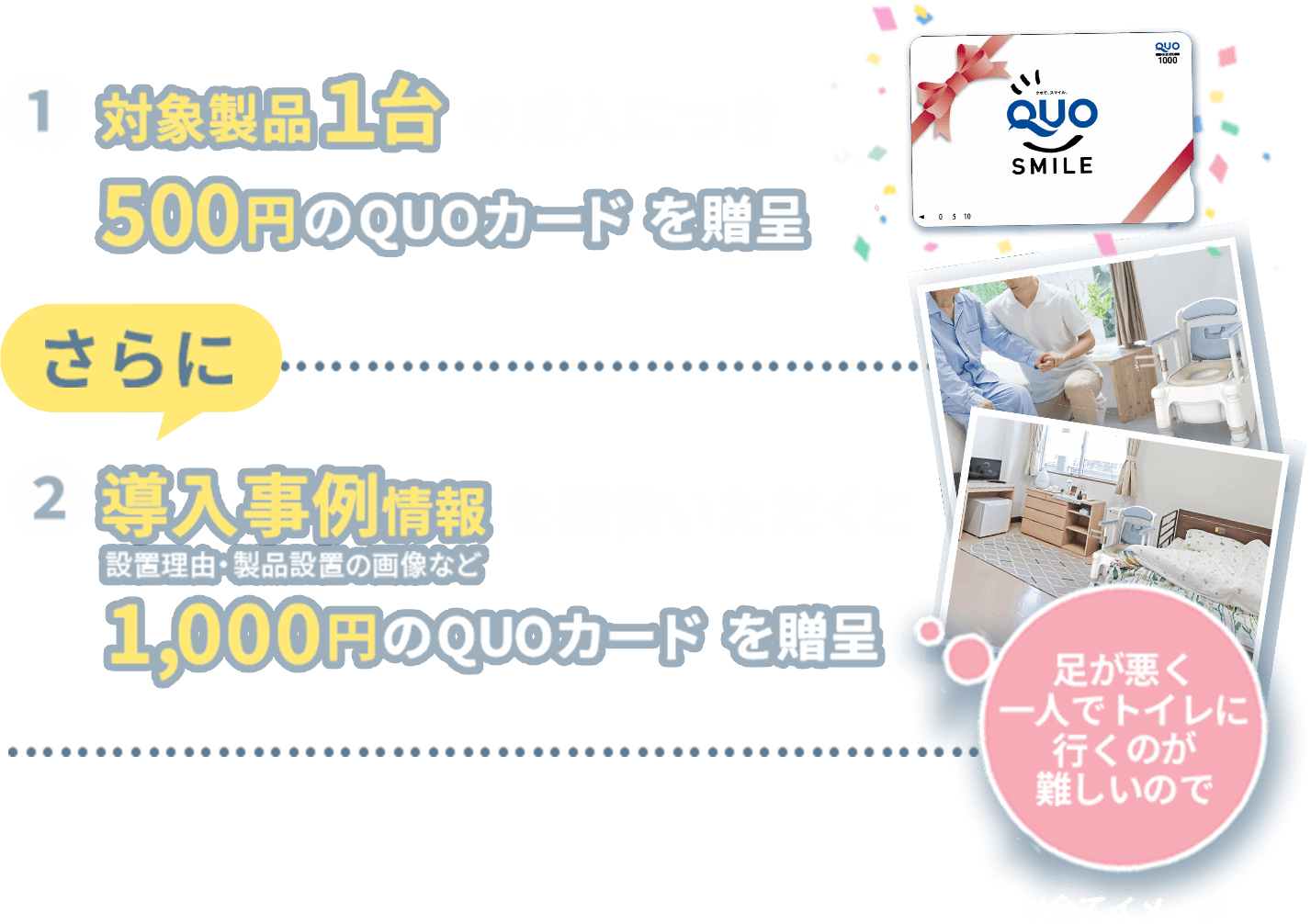 対象製品１台の購入につき500円のQUO カードを贈呈 導入事例情報 設置理由・製品設置の画像など を提供いただくと1,000円のQUO カードを贈呈