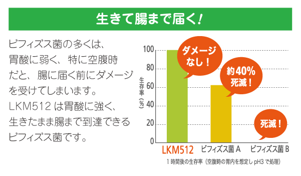 生きて腸まで届く!　ビフィズス菌の多くは、胃酸に弱く、特に空腹時だと、腸に届く前にダメージを受けてしまいます。LKM512は胃酸に強く、生きたまま腸まで到達できるビフィズス菌です。