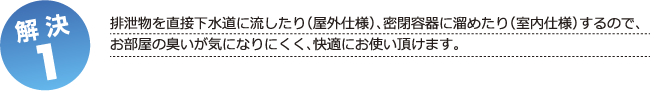 解決1 排泄物を直接下水道に流したり（屋外仕様）、密閉容器に溜めたり（室内仕様）するので、お部屋の臭いが気になりにくく、快適にお使い頂けます。